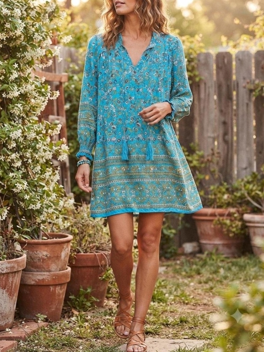 Natural Life Dara Boho Tunic Dress XL Turquoise Floral Rayon Tassel Tie